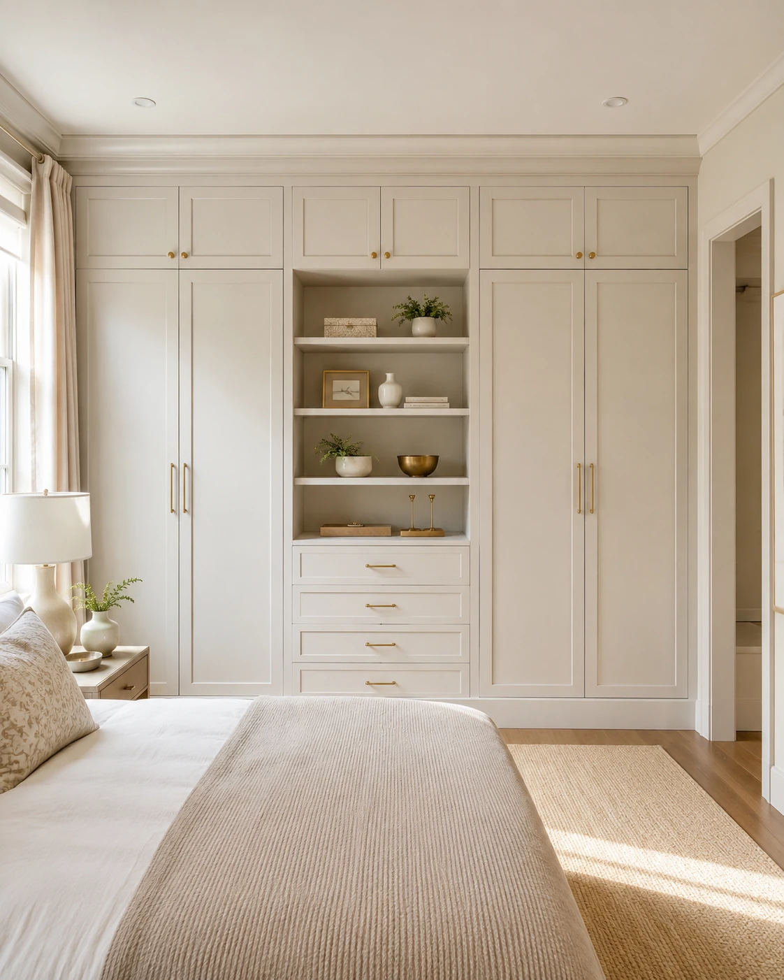 Cream built-in custom wardrobe in bedroom