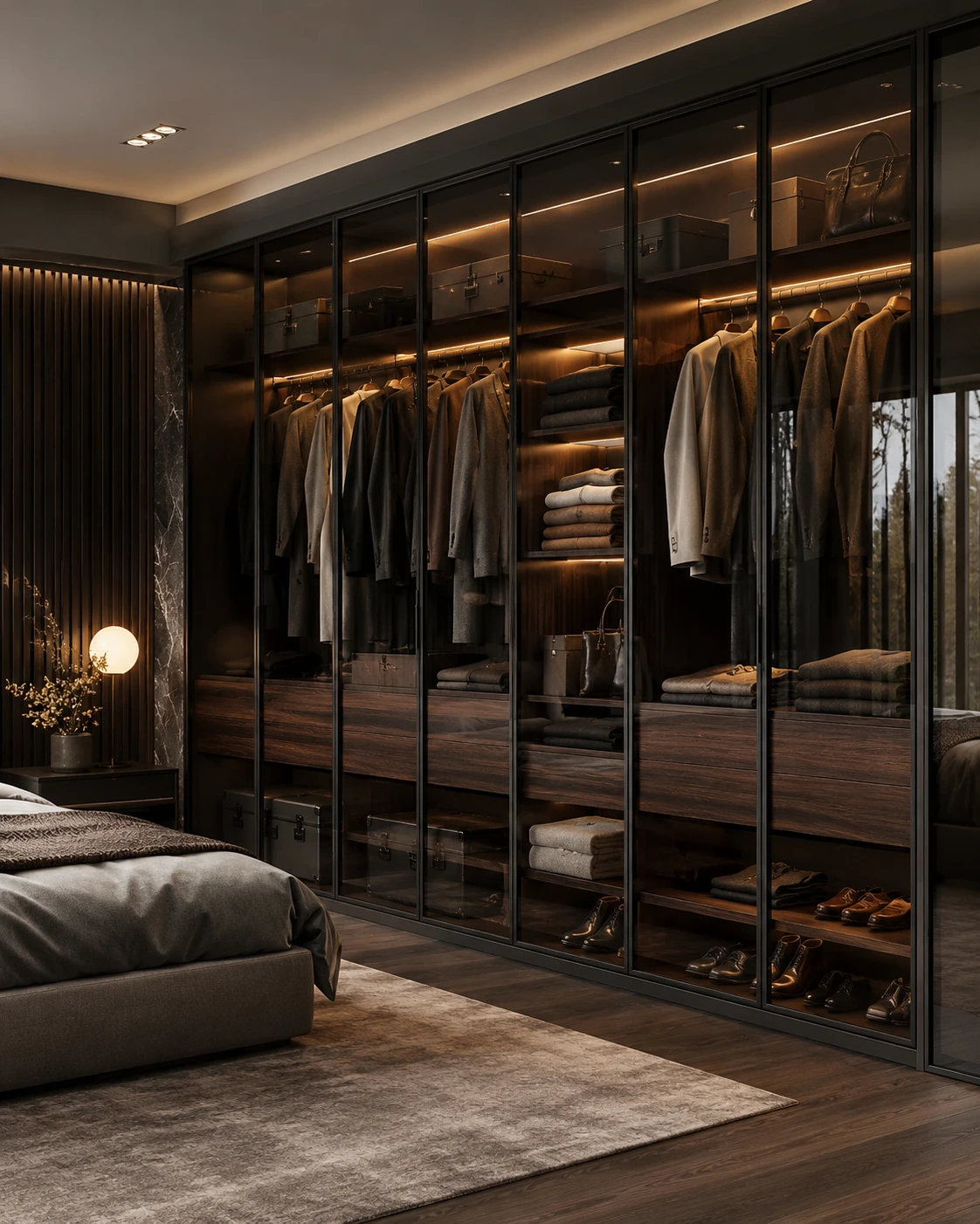 Dark glass-front custom wardrobe