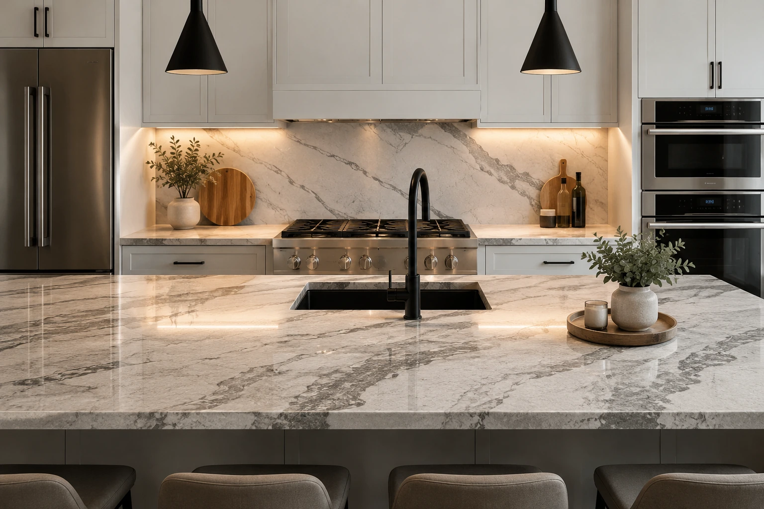 Kitchen countertop with bold natural-looking veining