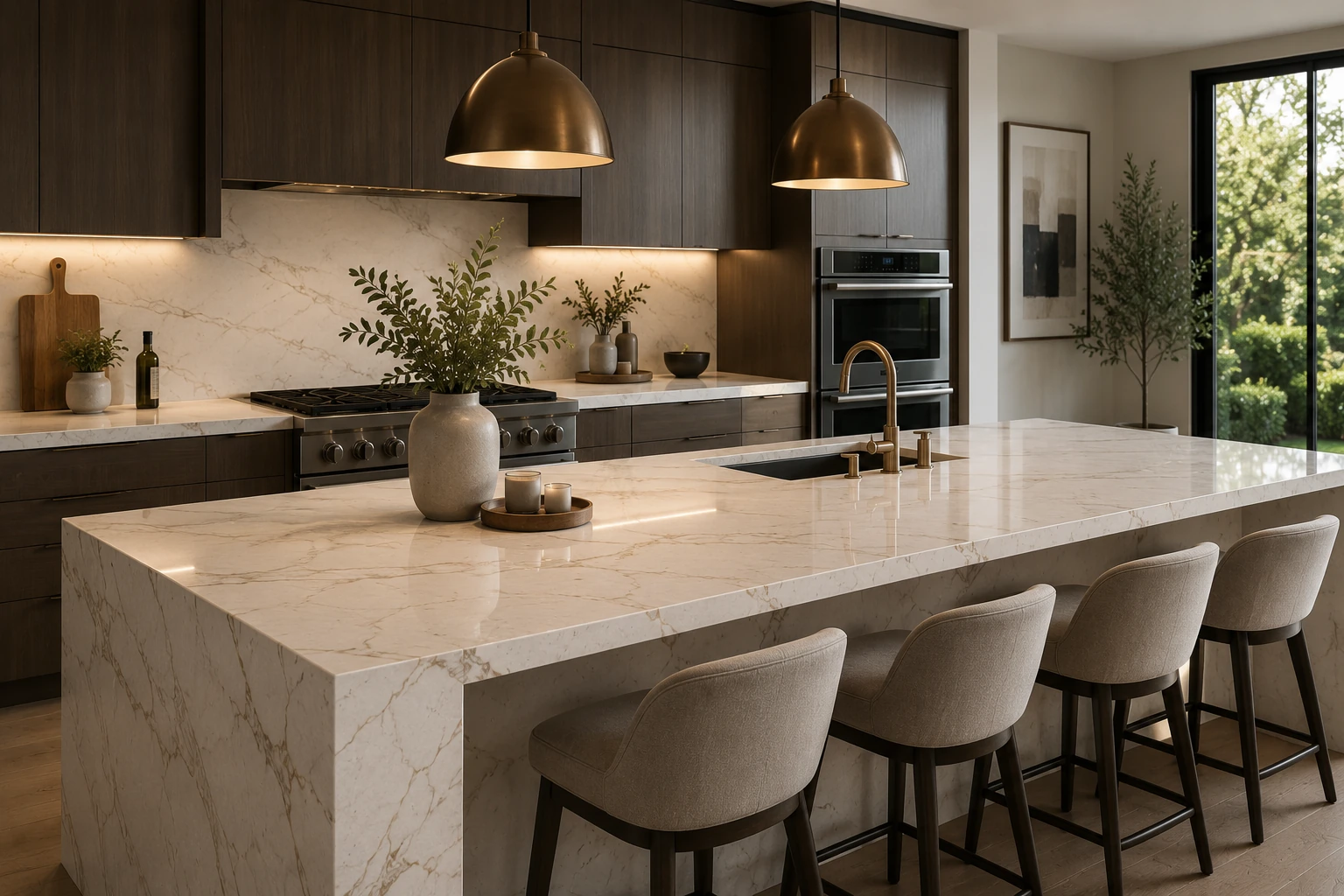 Warm walnut kitchen with premium light countertop