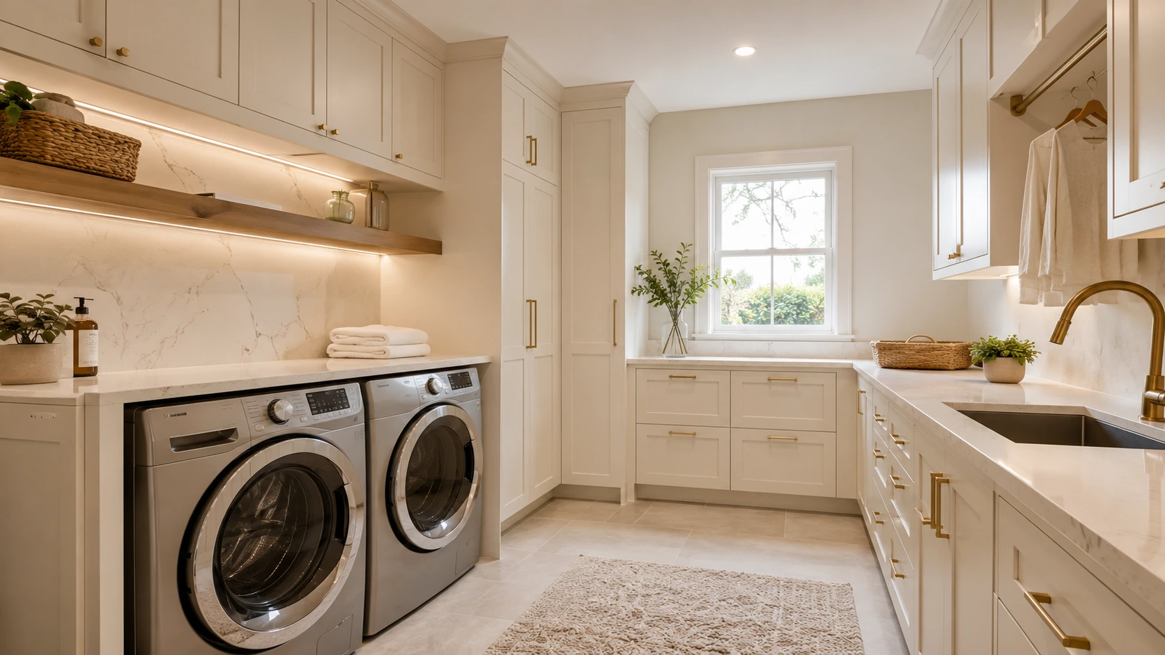 Cream custom laundry room cabinetry with brass accents