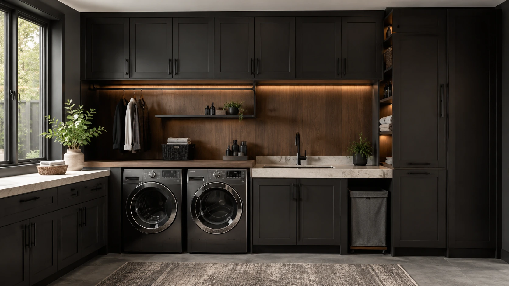 Dark modern custom laundry room cabinetry