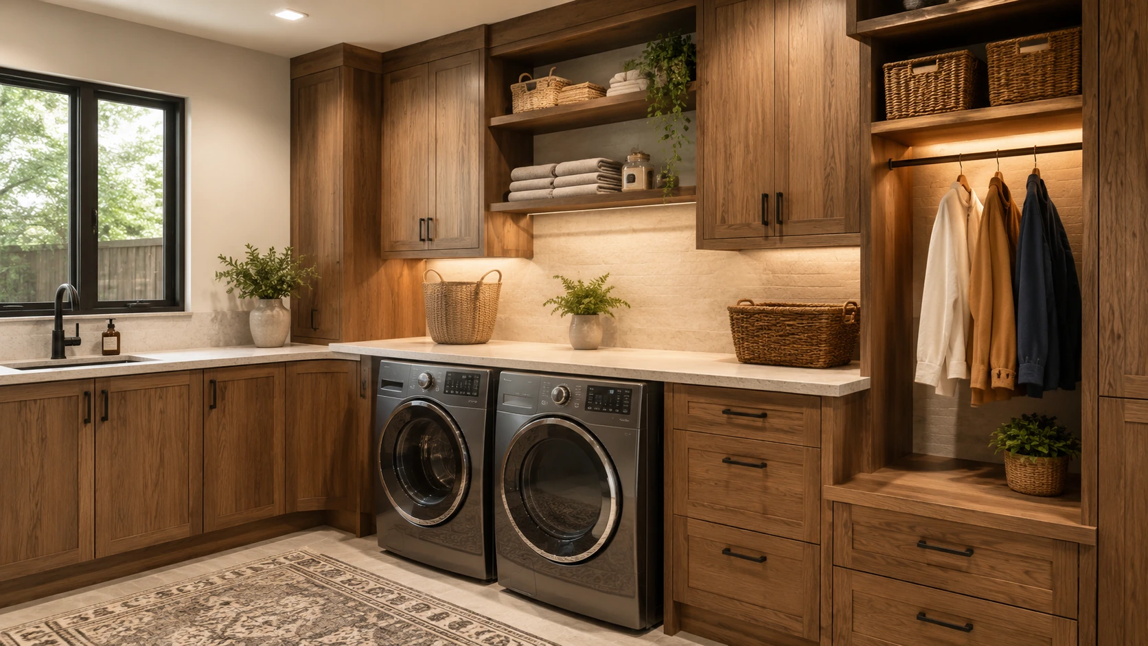 Warm walnut custom laundry room