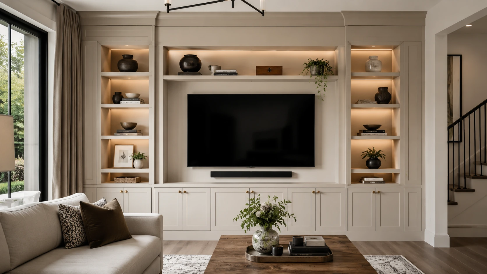 Custom living room built-in cabinetry with illuminated shelving