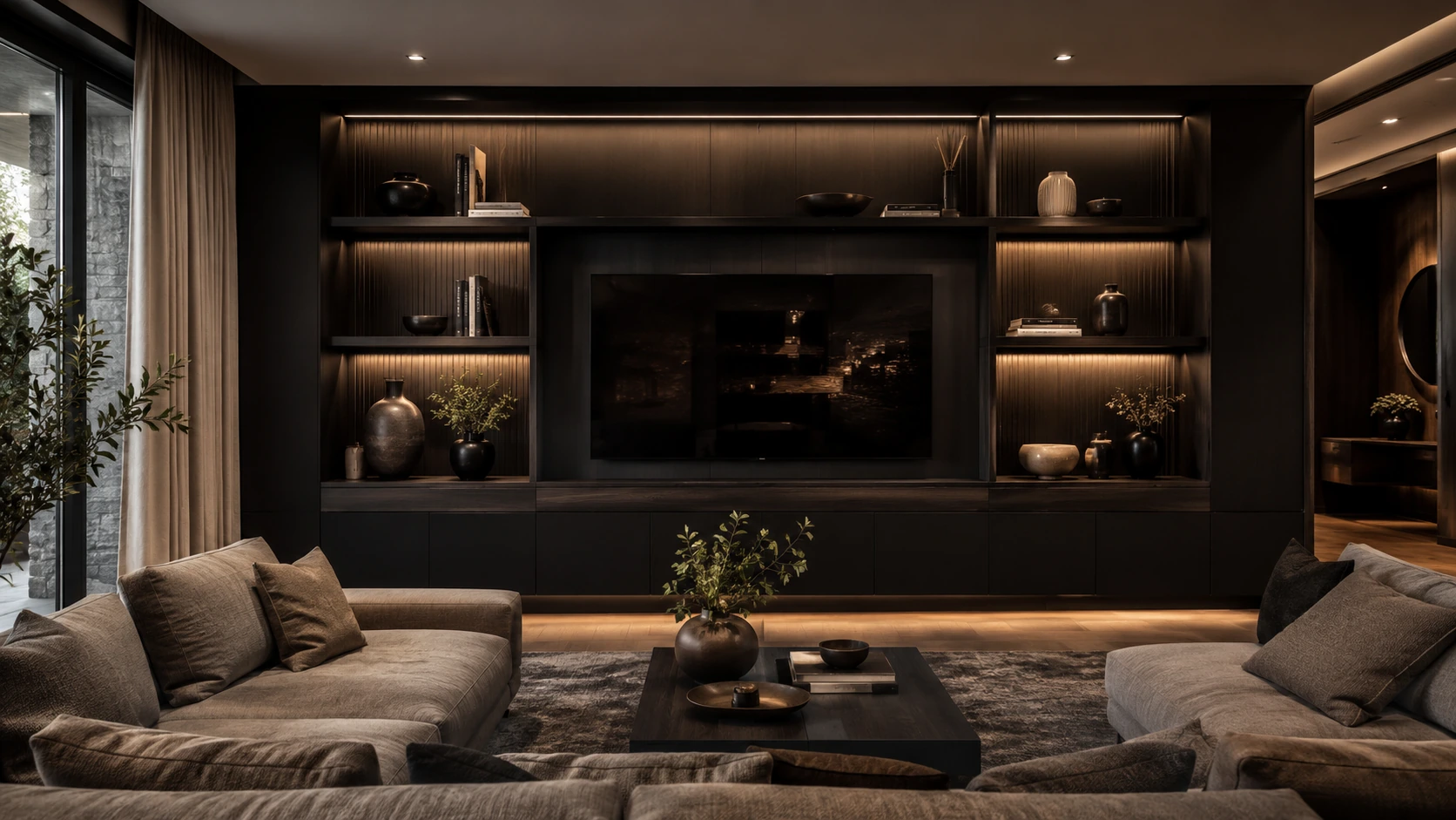 Dark luxury living room built-in cabinetry design inspiration