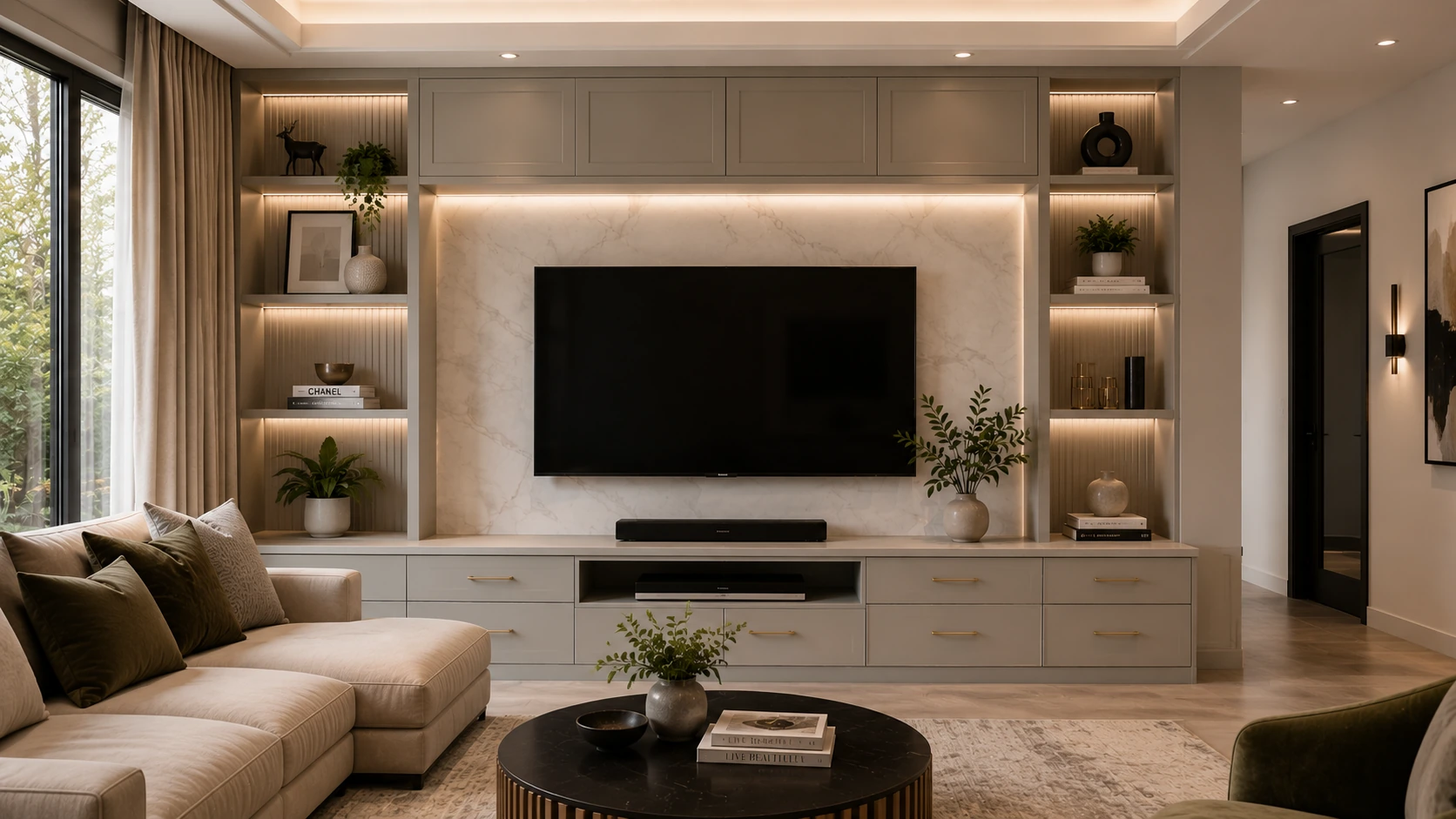 Greige living room cabinetry inspiration