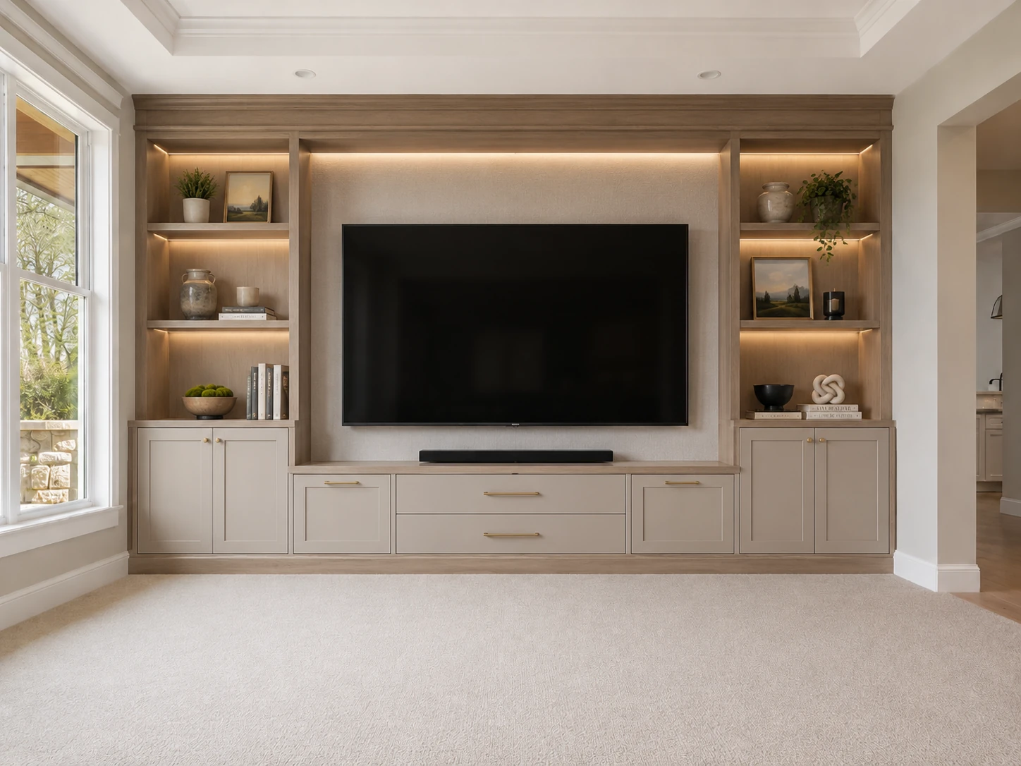 Living room after custom media wall design