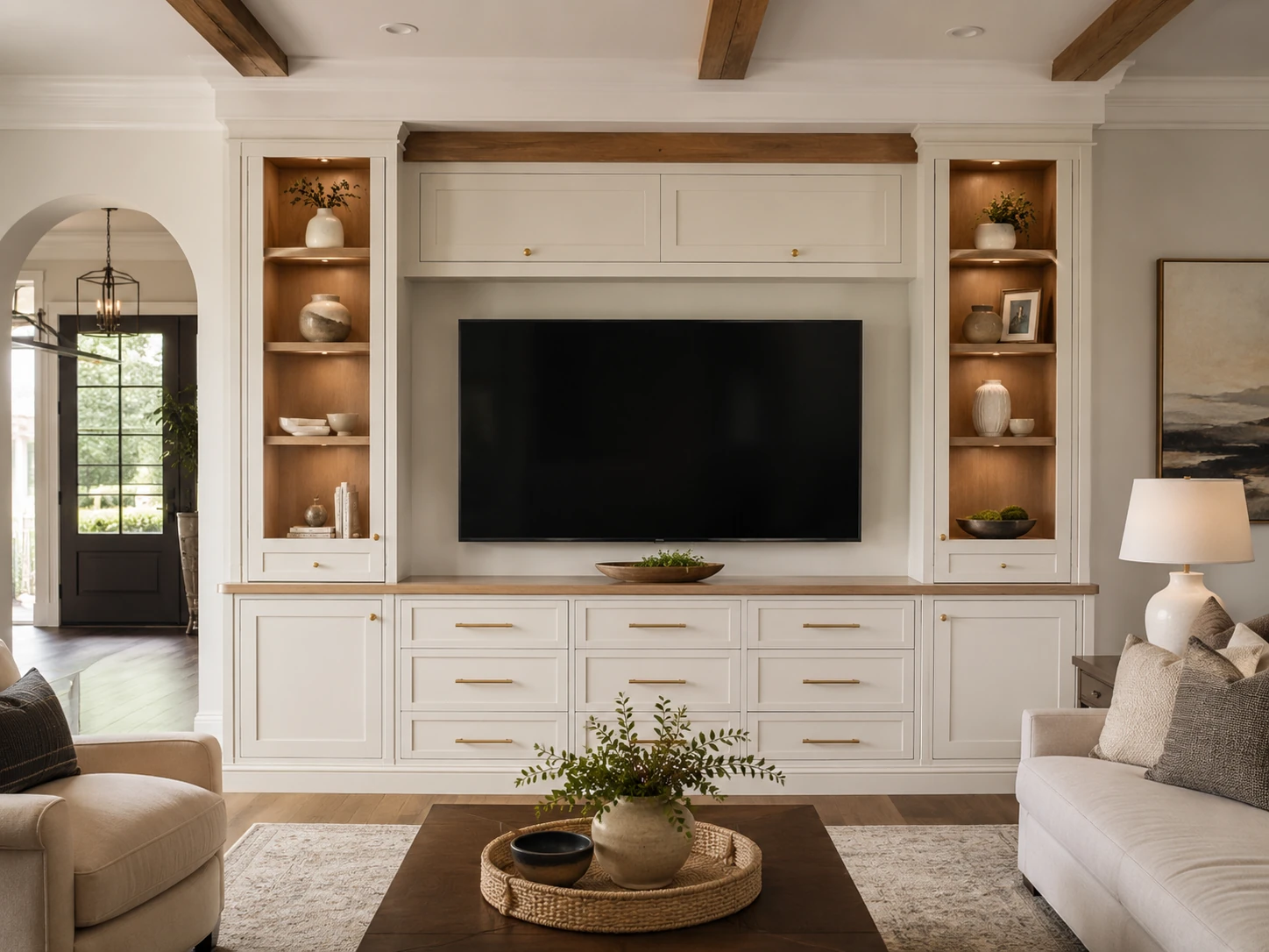 Cream built-in entertainment centre with shelving