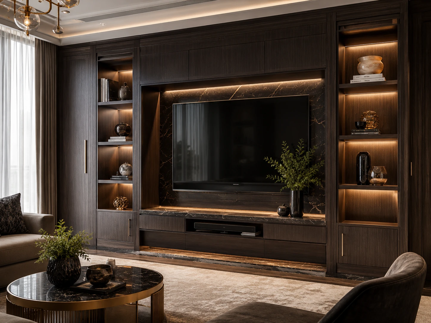 Dark luxury entertainment cabinet wall