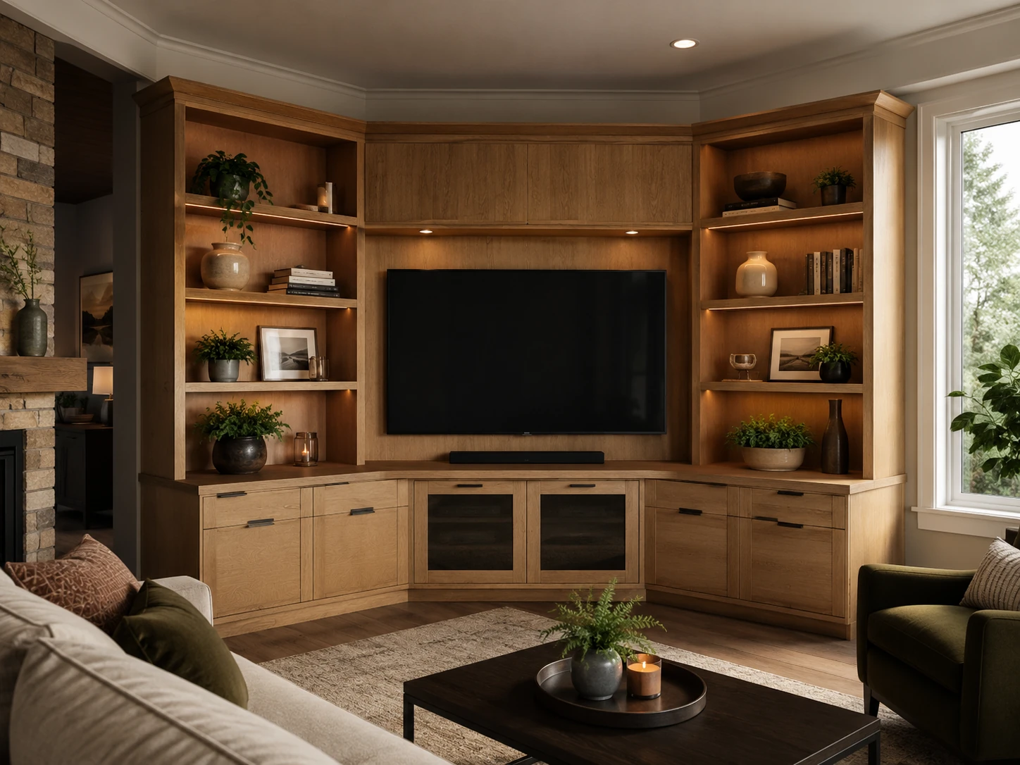 Custom oak corner entertainment cabinetry