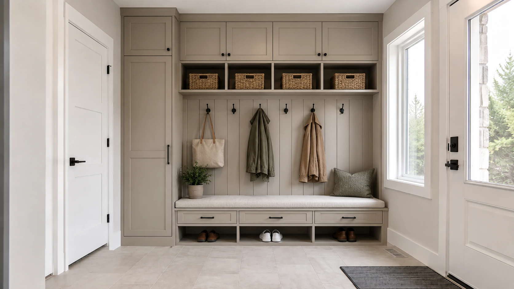 Entryway after custom mudroom cabinetry