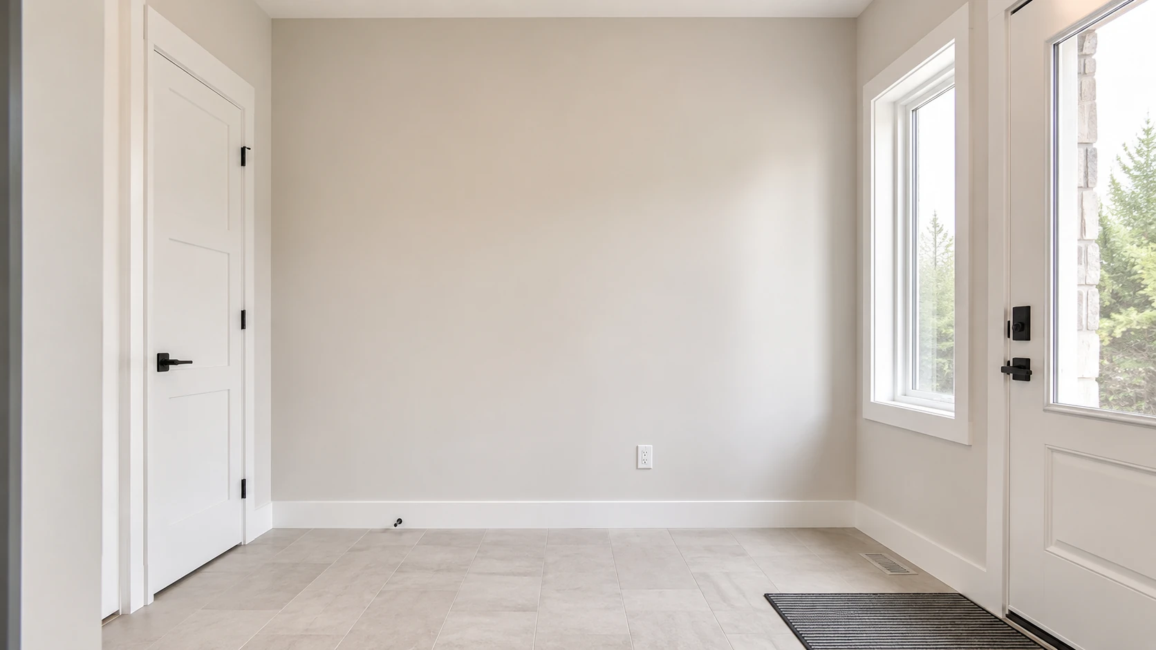 Empty entryway before custom mudroom cabinetry
