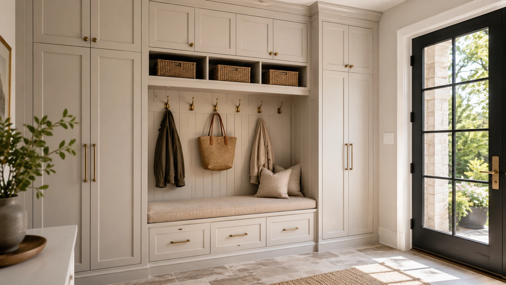 Bright built-in mudroom with bench and tall cabinets
