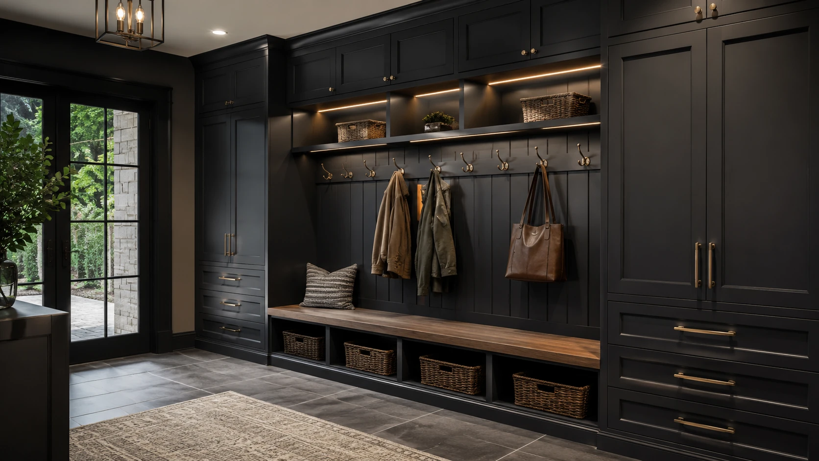 Dark luxury mudroom cabinetry with integrated lighting