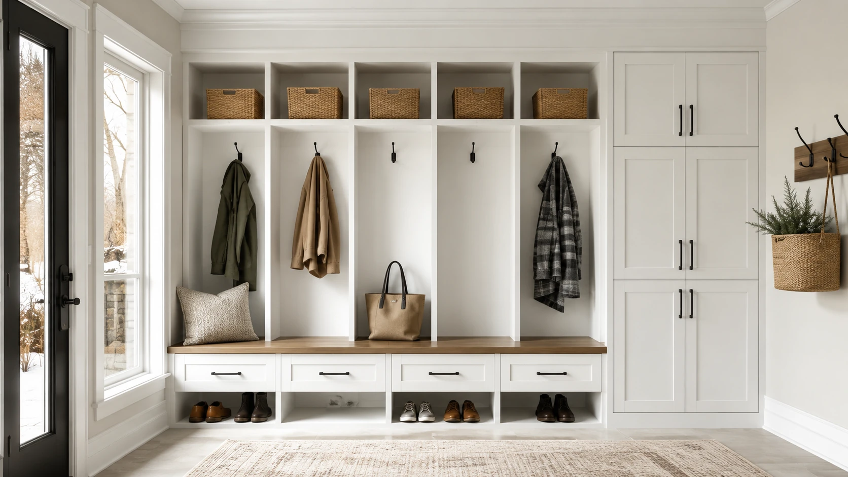 Bright white custom mudroom locker cabinetry
