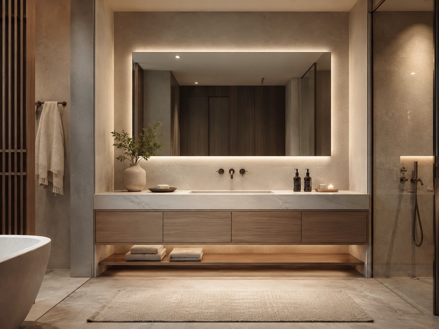 Floating walnut bathroom vanity with illuminated mirror