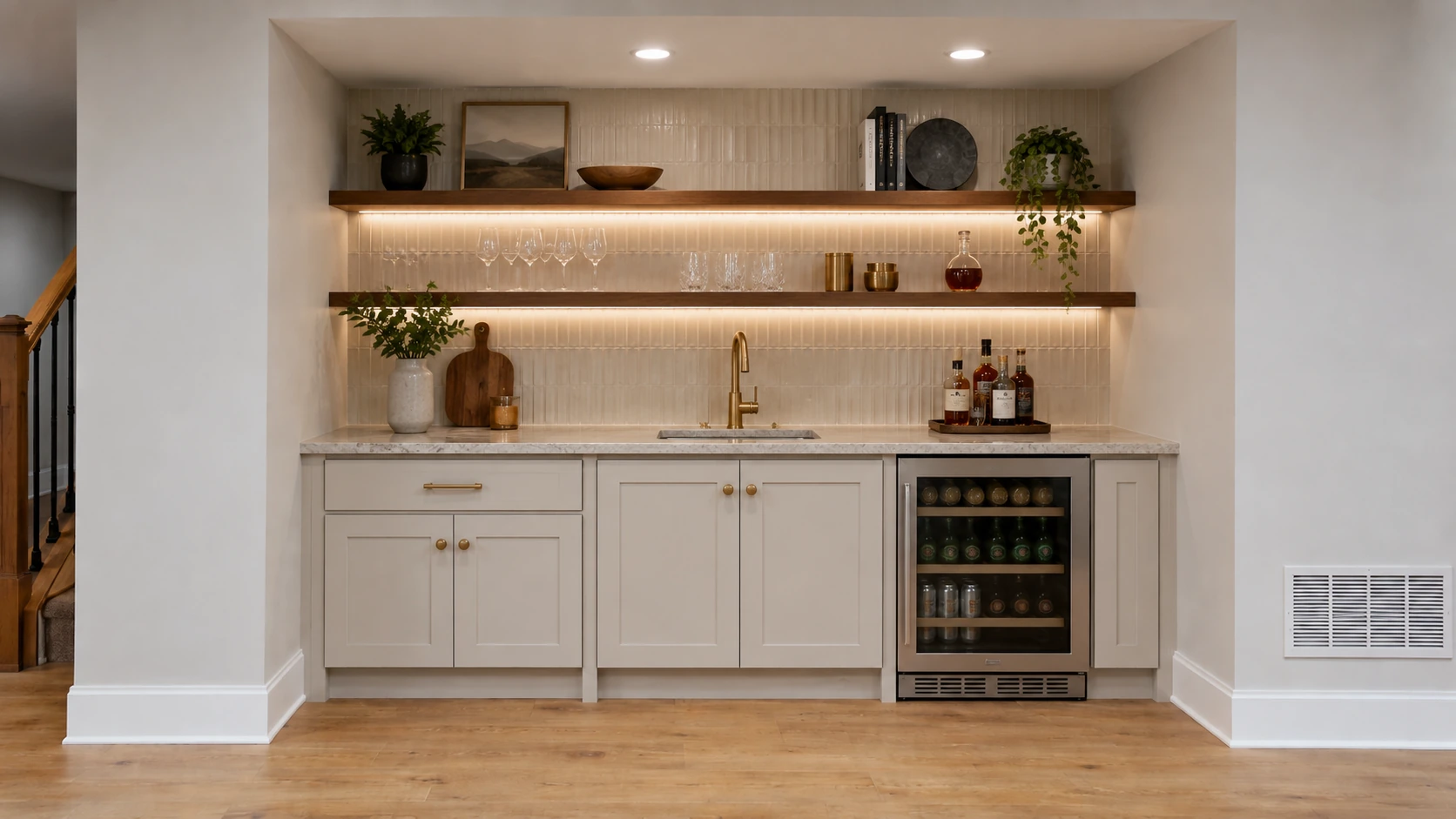 Wet bar niche after custom cabinetry redesign
