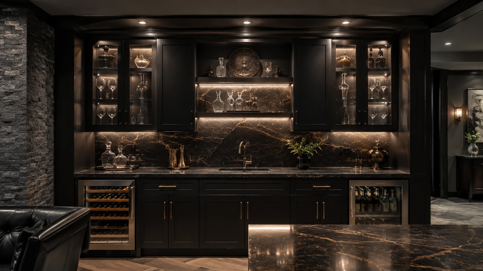 Modern black wall wet bar with glass-front cabinets and beverage fridge