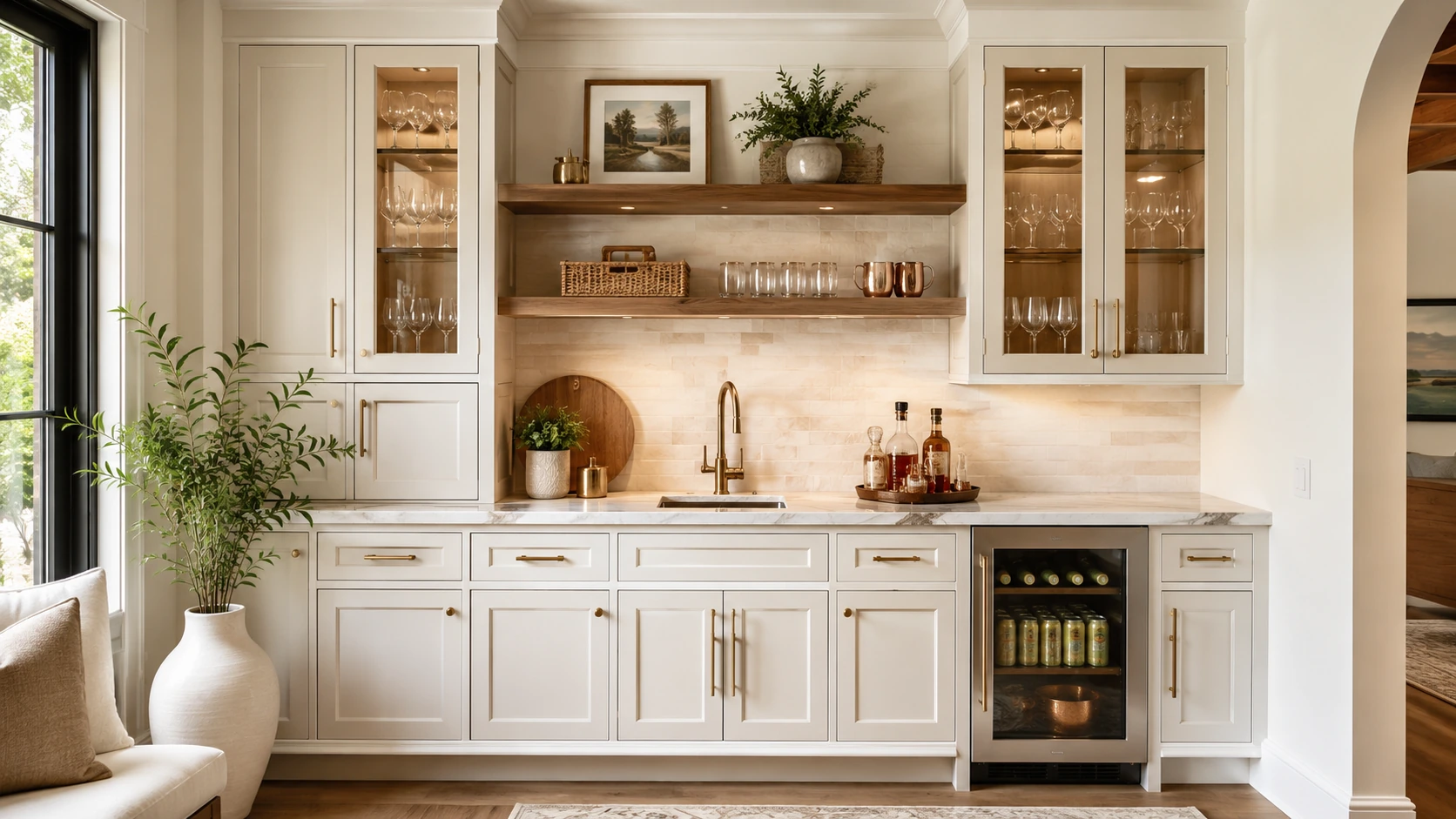 Bright white wet bar with glass upper cabinetry and pale backsplash