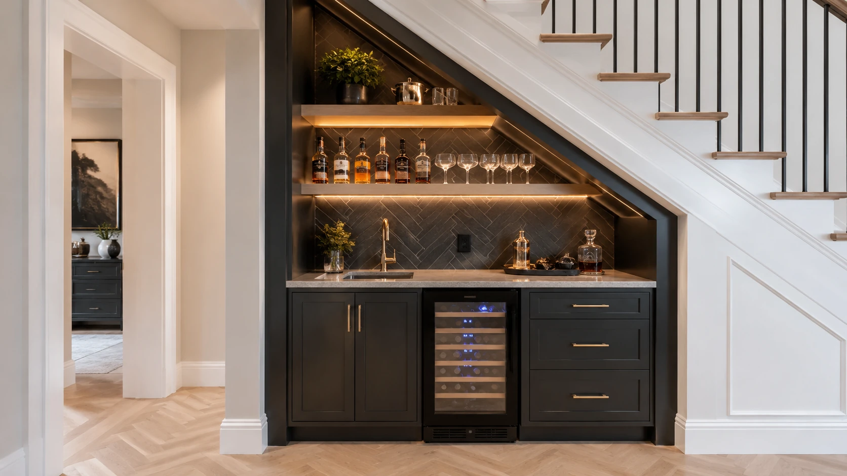 Compact grey wet bar under a staircase with floating shelves and beverage fridge
